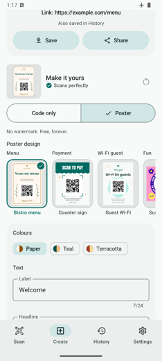 Poster designs grouped by category, each thumbnail showing your own code